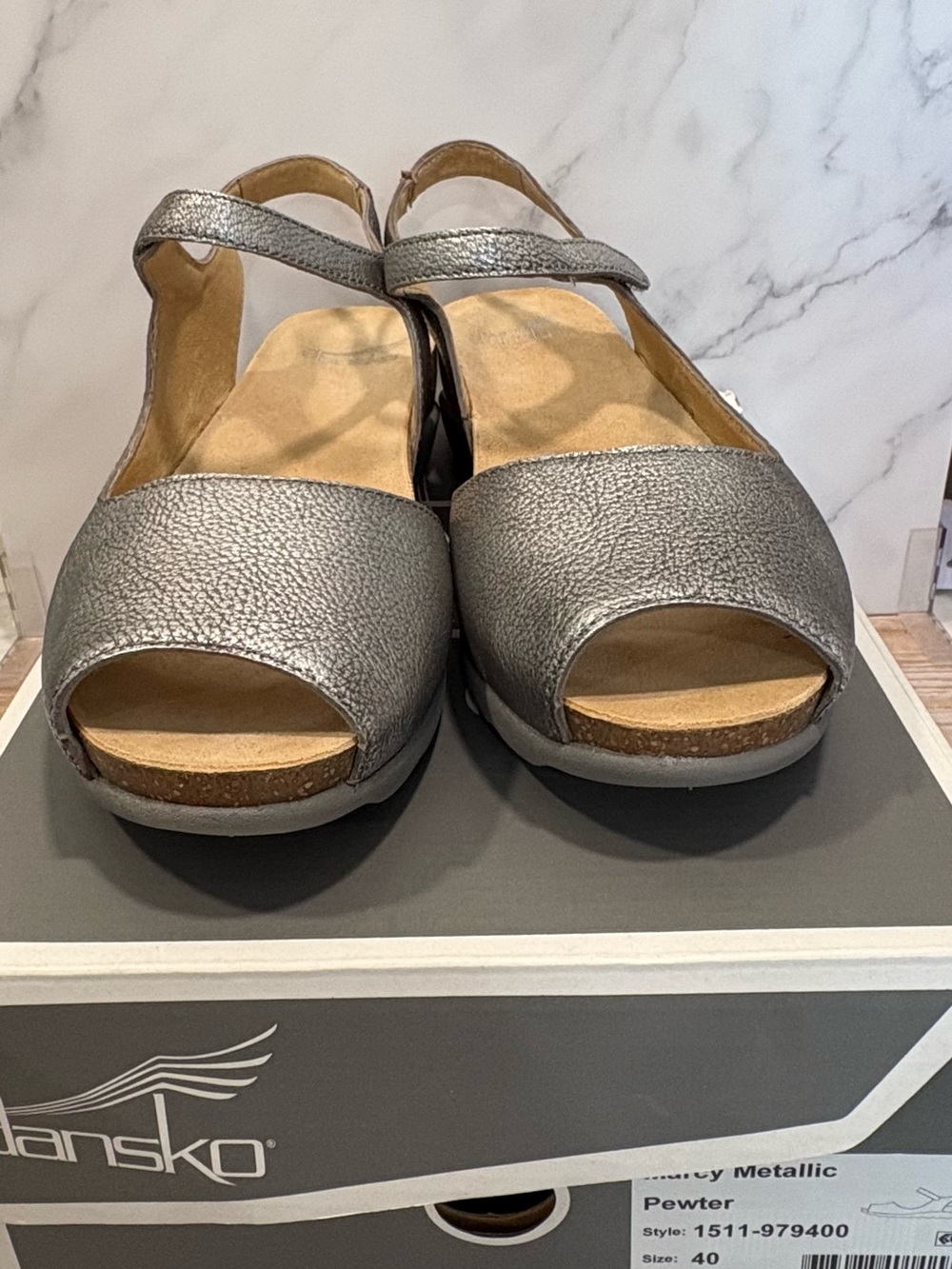 Dansko Marcy Metallic Pewter Open-Toe Slingback Sandals NIB